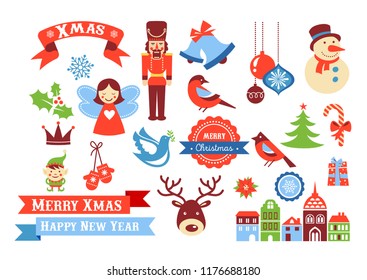 Merry Christmas icons, retro style elements and illustration, tags and labels