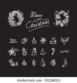 Merry Christmas icons set. Happy new year symbols. Winter holiday signs. Vector