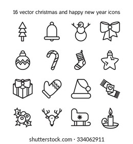 Merry Christmas icons set. Happy new year 16 symbols. Winter holiday signs in line style. Vector xmas icons. Chistmas symbols.Happy New Year elements. Xmas set