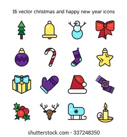 Merry Christmas icons set. Happy new year symbols. Winter holiday signs. Vector