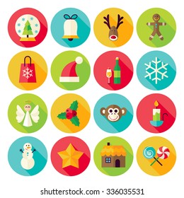 Merry Christmas Icons Set with long Shadow. Flat Design Vector Illustration. Winter Happy New Year Holiday. Collection of Circle Icons

