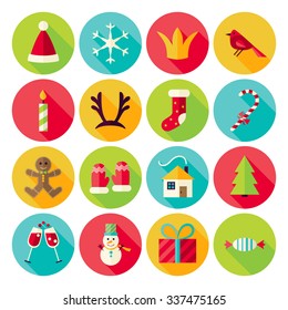 Merry Christmas Icons Set with long Shadow. Flat Design Vector Illustration. Winter Happy New Year Holiday. Collection of Circle Icons