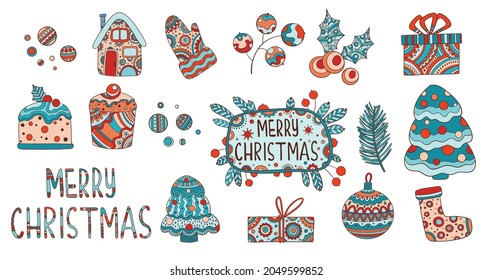 Merry Christmas icons set outline, hand drawn vector. Winter decoration. Holiday xmas collection