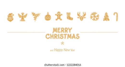 Merry Christmas icons and text in gold, for New Year and Christmas design. Vector illustration.
