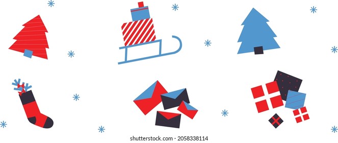 Merry Christmas icons. Christmas tree, sleigh with presents, snowflakes, tinsel, ornament, candle. Happy New Year. Scandinavian design. set noel elements