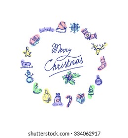 Merry Christmas icons in view wreath. Happy new year symbols. Winter holiday signs. Holiday wreath. Vector