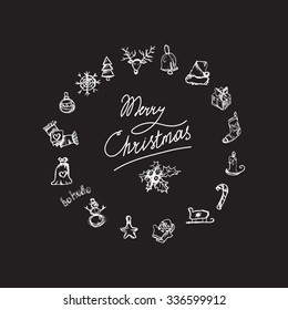 Merry Christmas icons in view wreath. Happy new year symbols. Winter holiday signs. Vector