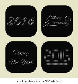 Merry Christmas icons of white lights on dark background, date and text