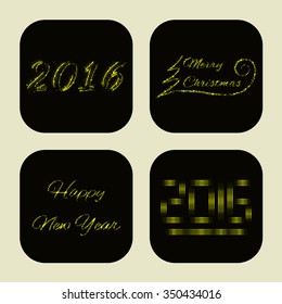 Merry Christmas icons of yellow lights on dark background, date and text