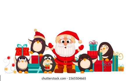 Merry Christmas illusrtarion. Cartoon vector picture of Santa and pinguins selebrate.