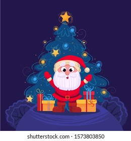 Merry Christmas illusrtarion. Cartoon vector picture of Santa with presents under chrestmas tree in the Christmas eve.
