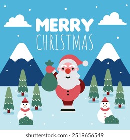 Merry christmas illustration background with cute santa character. Flat merry christmas background