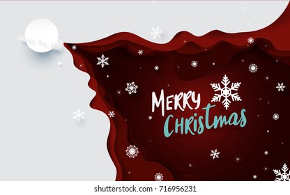 Merry christmas illustration background. Santa Claus Driving in a Sledge and snowflake with red waves paper cut