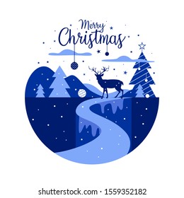 Merry christmas illustration background wallpaper design with snowfall, tree, and deer shape. Vector drawing greeting for social media post with winter season theme.