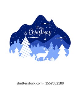 Merry christmas illustration background wallpaper design with snowfall, tree, and deer shape. Vector drawing greeting for social media post with winter season theme.