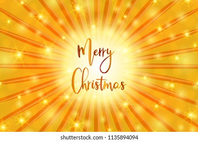 Merry Christmas illustration with bokeh lights, rays, calligraphic text in golden color.