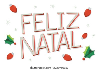 Merry Christmas Illustration in Brazilian Portuguese with christmas lights and Ice Flake. White background. Translation - Merry Christmas.