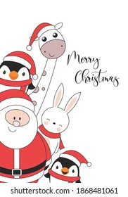 Merry Christmas illustration card with penguin, rabbit, giraffe and Santa Claus.