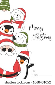 Merry Christmas illustration card with polar bears, penguins, elf and Santa Claus.