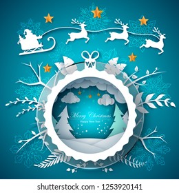 Merry christmas illustration. Cartoon paper landscape. Vector eps 10