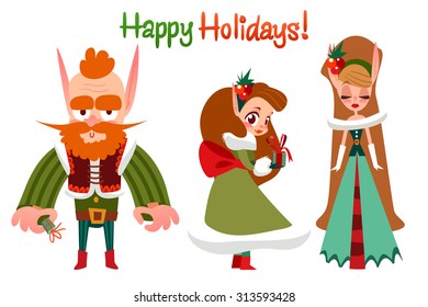 Merry Christmas illustration. Cartoon set elf characters. Happy holidays.  New Year.