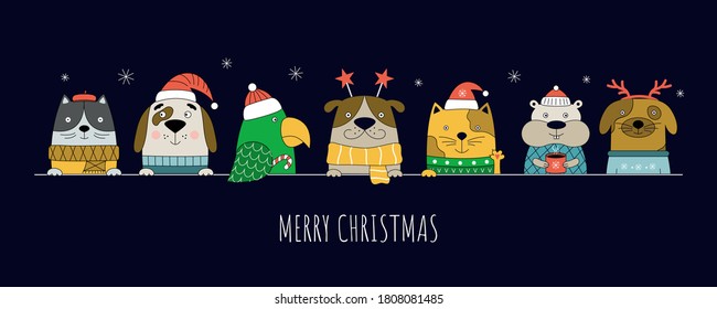 Merry Christmas illustration with cats, dogs, parrot, and a hamster. Christmas banner for pet shop web site. 