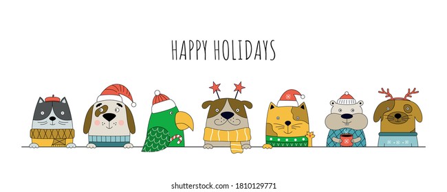 Merry Christmas illustration with cats, dogs, parrot and hamster. Christmas banner for pet shop web site. 