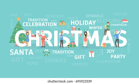 Merry Christmas illustration concept. Words with tree, gifts and Santa.