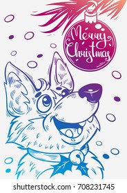Merry Christmas illustration. Corgi and Christmas tree ball, vector.