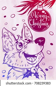 Merry Christmas illustration. Corgi and Christmas tree ball, vector.