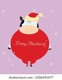 Merry Christmas Illustration with Cow and Santa Hat