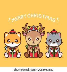 Merry christmas illustration with cute animals wear santa hat