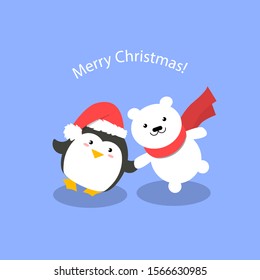 Merry Christmas illustration with cute bear and penguin