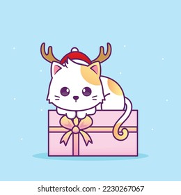 Merry christmas illustration with cute cat wear santa hat