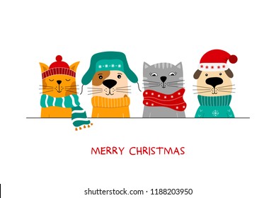 Merry Christmas illustration of cute cats and funny dogs. 