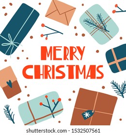 Merry Christmas illustration with cute hand drawn gift boxes and florals, pine tree branches. Colorful decorative doodle element card, poster, banner. Celebration winter Holidays, New Year. Vector