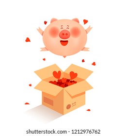 Merry Christmas illustration with cute pig jumps out of the box. Surprise. New Year