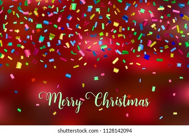 Merry Christmas illustration with falling colorful confetti on red background.