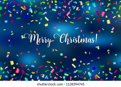 Merry Christmas illustration with falling colorful confetti on blue background.