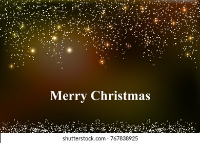 Merry Christmas illustration with falling down string lights, circle confetti, festoon, garland, tinsel ribbon, vertical spangels, golden sparkle dots on dark background.