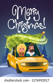 Merry Christmas illustration, family holidays on car.