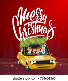 Merry Christmas illustration, family holidays on car.