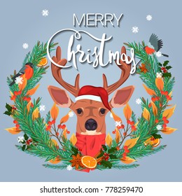 Merry Christmas. Illustration of the festive wreath of fir branches, citrus and spices and cute deer 