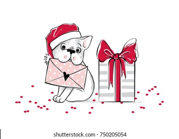 Merry Christmas illustration with funny dog. Hand drawn vector french bulldog puppy and gift box. Happy New Year collection. Winter design. Happy holidays template. Cartoon animals. Xmas 2018 card.