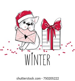 Merry Christmas illustration with funny dog. Hand drawn vector french bulldog puppy and gift box. Happy New Year collection. Winter design. Happy holidays template. Cartoon animals. Xmas 2018 card.