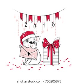 Merry Christmas illustration with funny dog. Hand drawn vector french bulldog puppy and gift box. Happy New Year collection. Winter design. Happy holidays template. Cartoon animals. Xmas 2018 card.