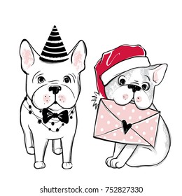 Merry Christmas illustration with funny dog. Hand drawn vector french bulldog puppy. Happy New Year collection. Winter design. Happy holidays template. Cartoon animals. Xmas 2018 card.