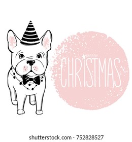 Merry Christmas illustration with funny dog. Hand drawn vector french bulldog puppy. Happy New Year collection. Winter design. Happy holidays template. Cartoon animals. Xmas 2018 card.