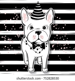 Merry Christmas illustration with funny dog. Hand drawn vector french bulldog puppy. Happy New Year collection. Winter design. Happy holidays template. Cartoon animals. Xmas 2018 card.