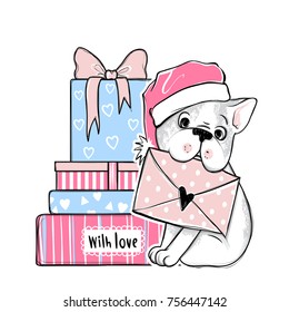 Merry Christmas illustration with funny dog. Hand drawn vector french bulldog puppy and gift box. Happy New Year collection. Winter design. Happy holidays template. Cartoon animals. Xmas 2018 card.